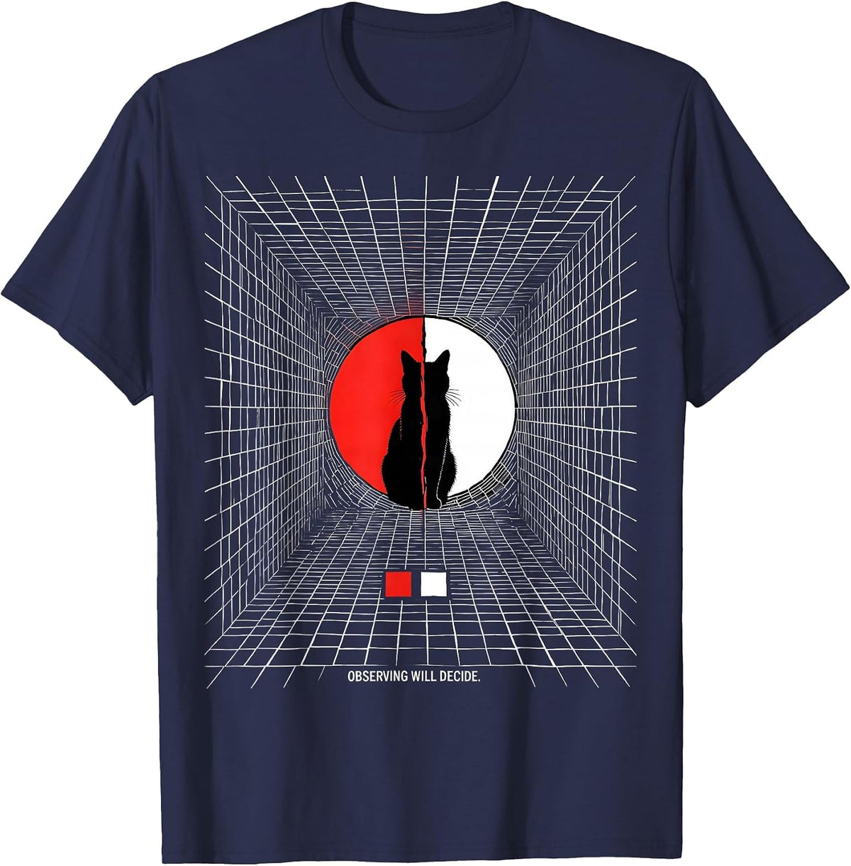 Observing Will Decide Geometric Physics Nerd Cat Humor T-Shirt - Navy Blue
