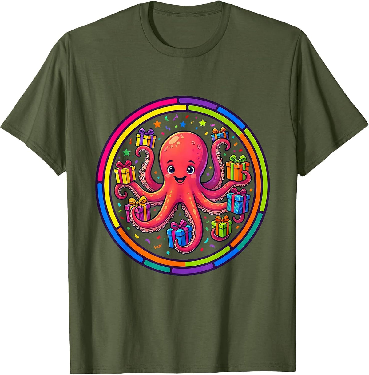 Men's Octopus Birthday Gift Holder Funny Celebration T-Shirt - Olive Green