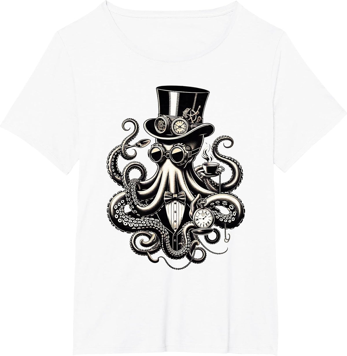 Funny Octopus Steampunk Top Hat Coffee Cup Pocket Watch T-Shirt - White