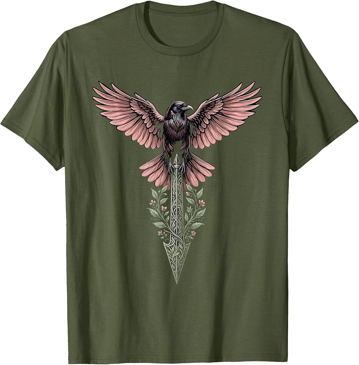 Men's Crow Perched on Compass Needle Illustration T-Shirt - Olive Green