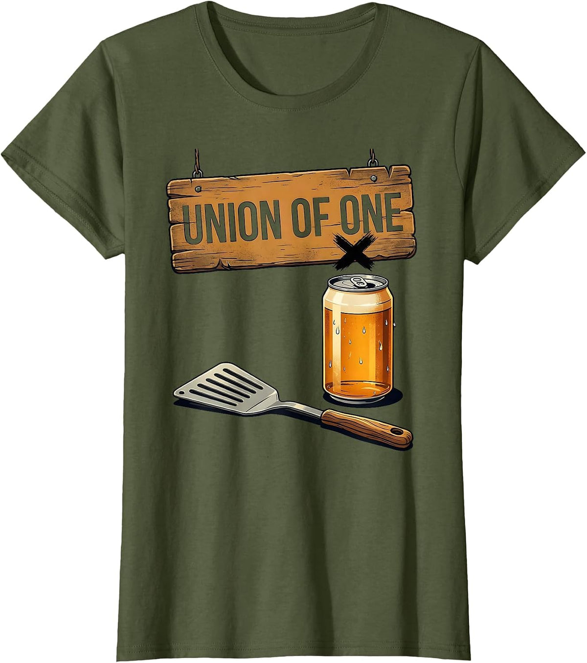 Women's Union of One Midcentury Modern Grill Spatula Beer Lover T-Shirt - Olive Green