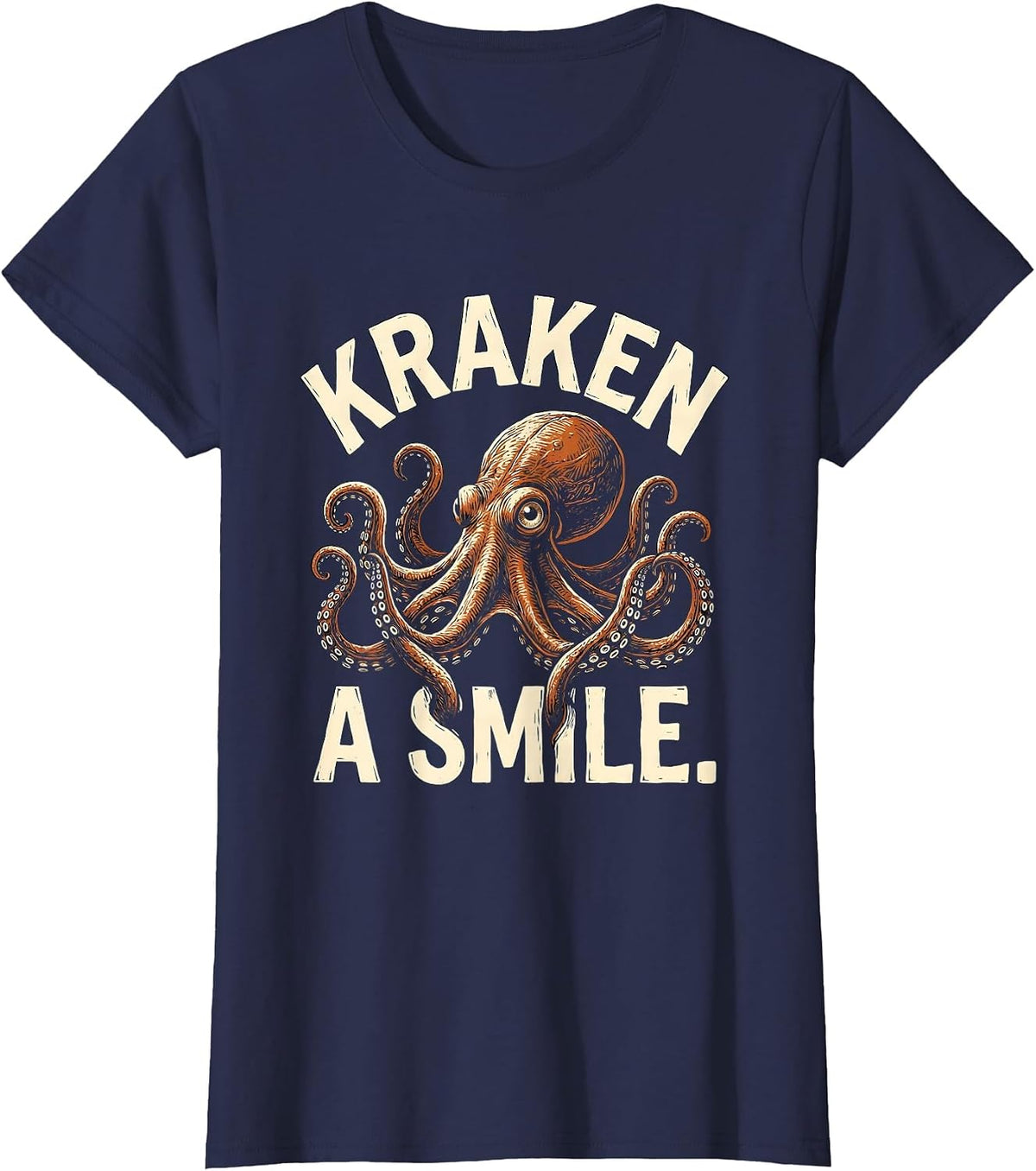 Women's Kraken A Smile Linocut Octopus Lover Marine Biology Humor T-Shirt - Navy Blue