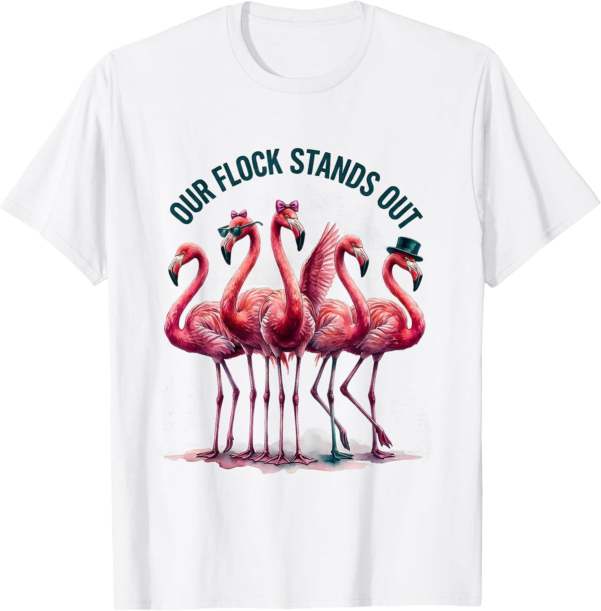 Our Flock Stands Out Watercolor Pink Flamingo Novelty Family T-Shirt - White