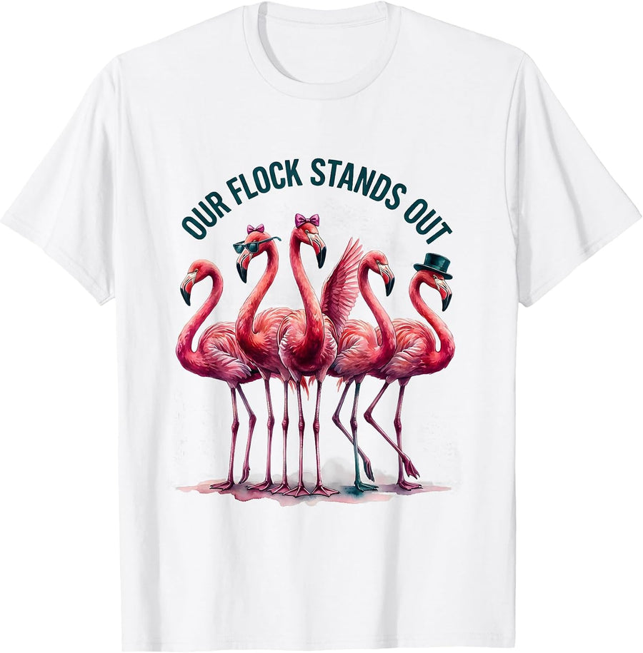 Our Flock Stands Out Watercolor Pink Flamingo Novelty Family T-Shirt - White