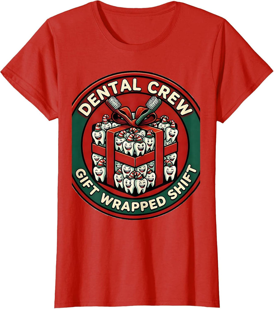 Women's Dental Crew Gift Wrapped Shift Cartoon Dental Team Holiday T-Shirt - Red
