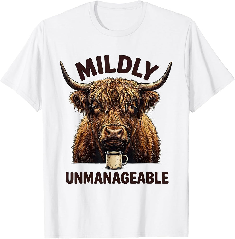 Men's Mildly Unmanageable Funny Highland Cow Cute Novelty Coffee T-Shirt - White
