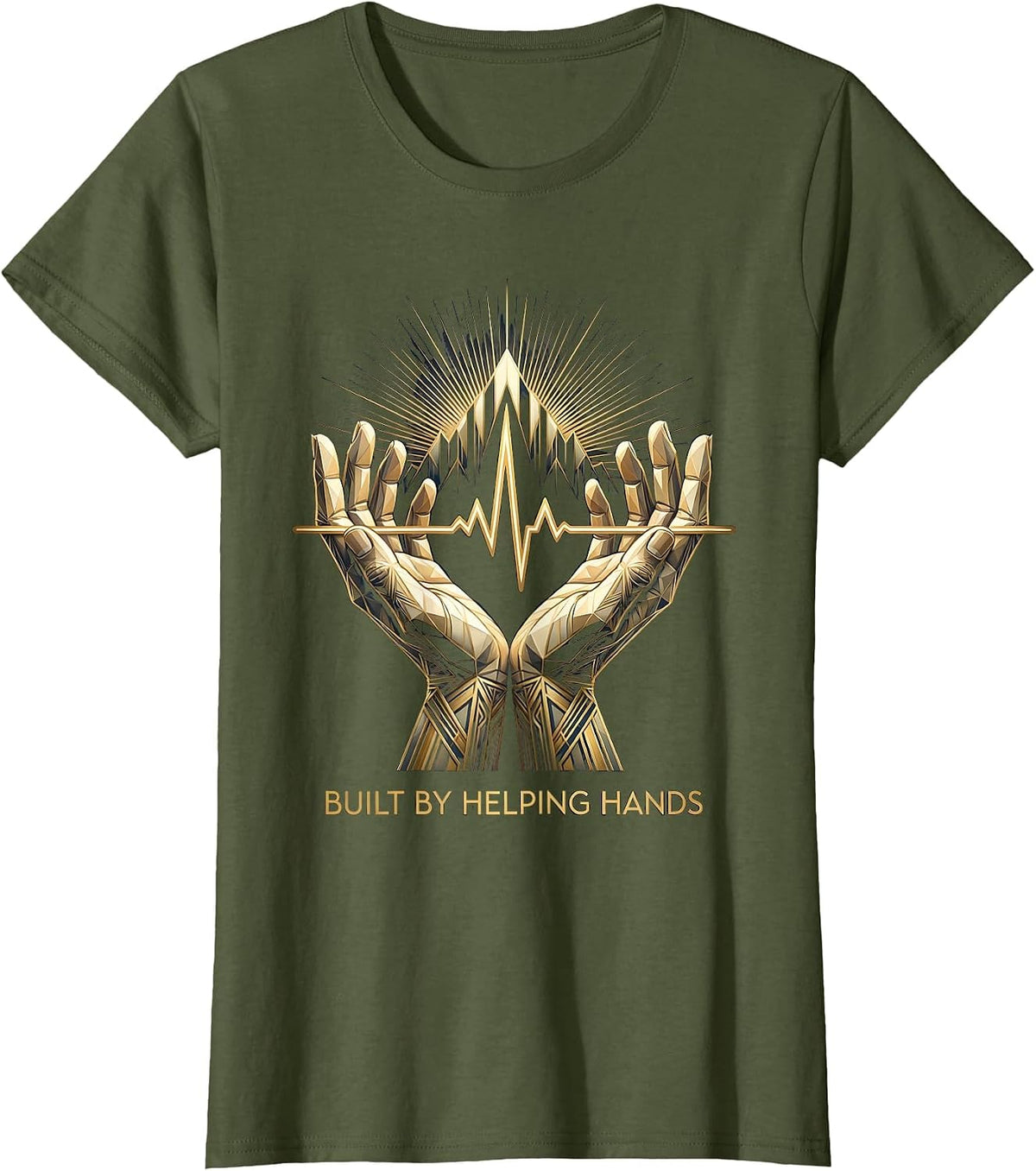 Women's Built by Helping Hands Labor Day Heartbeat Design T-Shirt - Olive Green