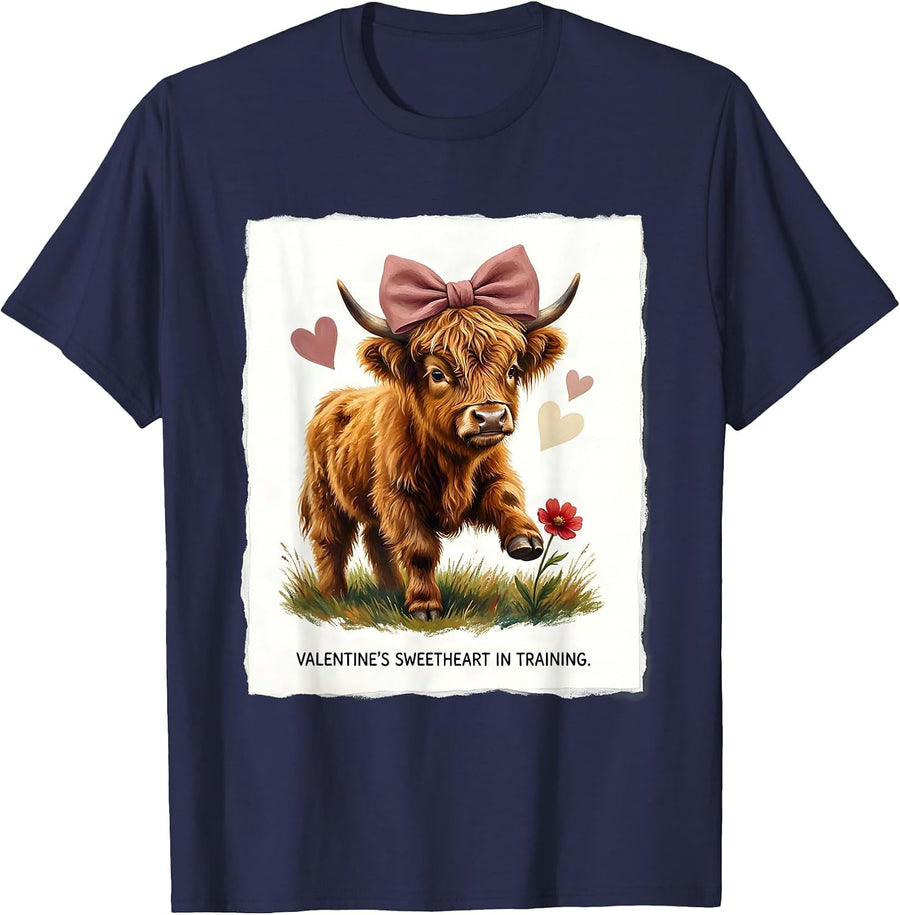 Valentine's Sweetheart In Training Storybook Highland Cow T-Shirt - Navy Blue