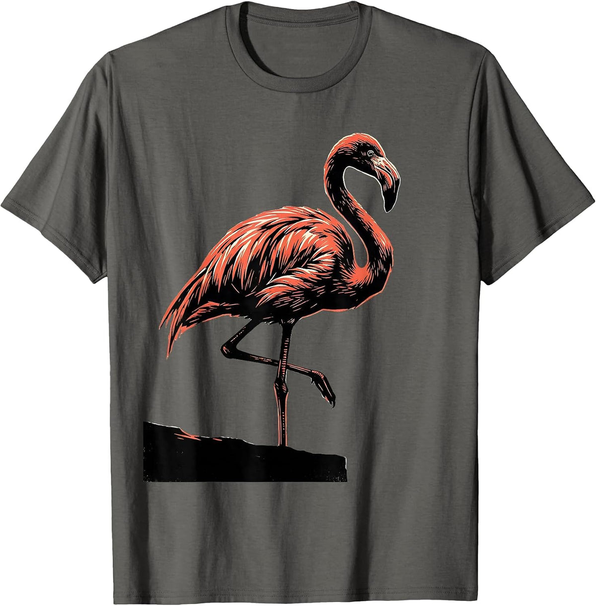 Broad Flamingo Silhouette Linocut Bird Lover Humor T-Shirt - Asphalt Grey
