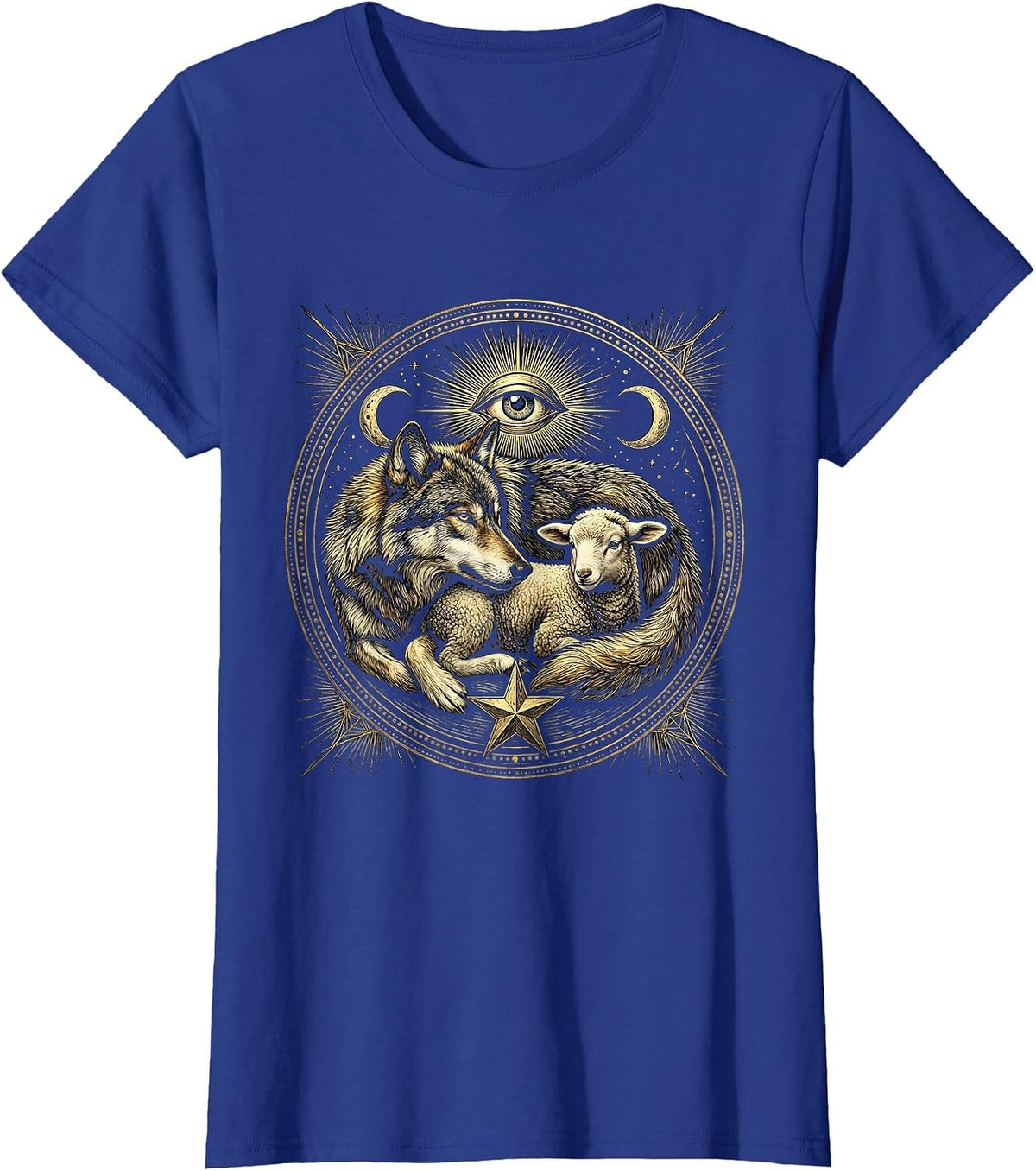 Women's Wolf and Lamb Resting Together Faith Over Fear T-Shirt - Royal Blue