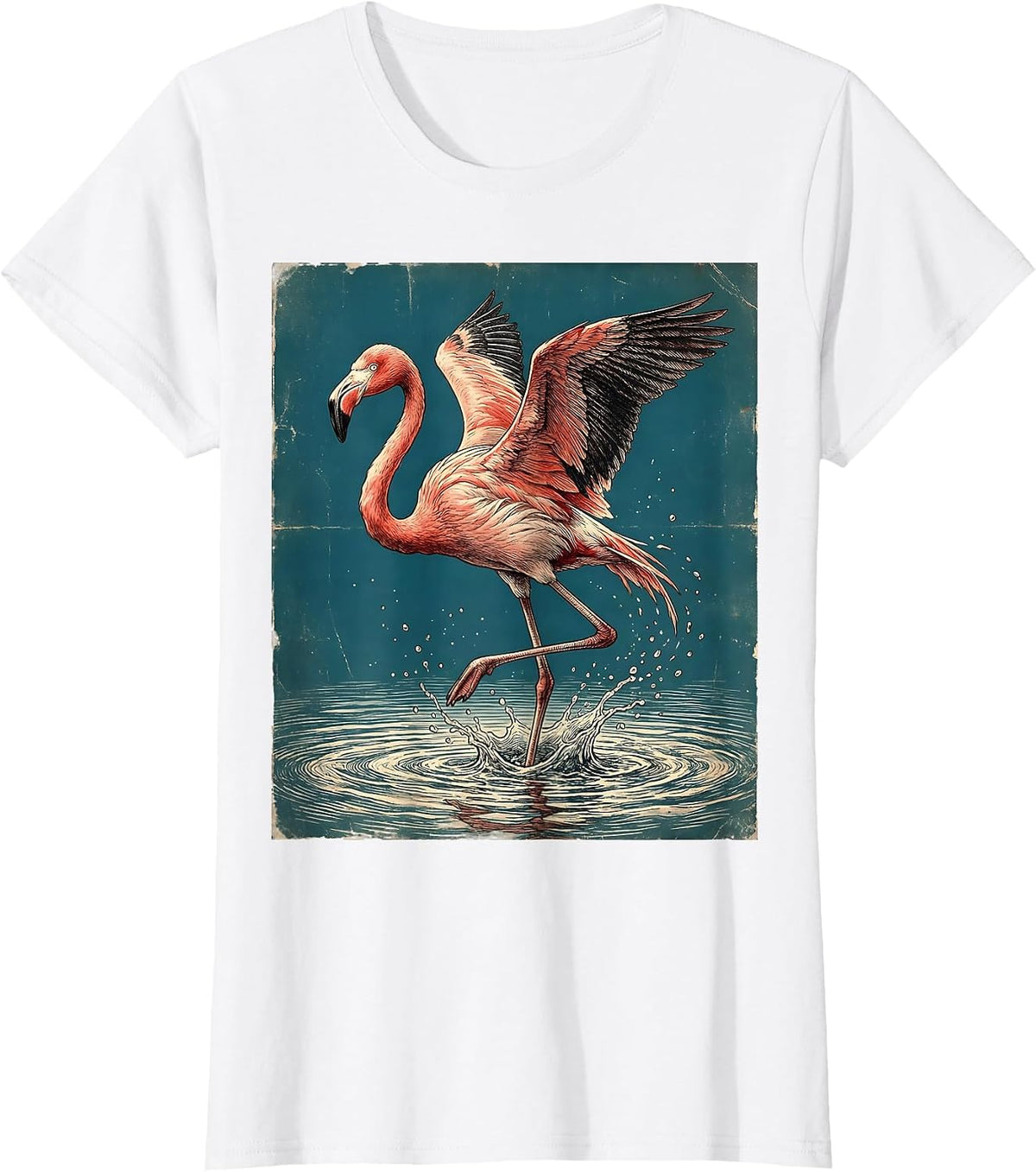 Flamingo Splashing Through Pink Water Art T-Shirt - White