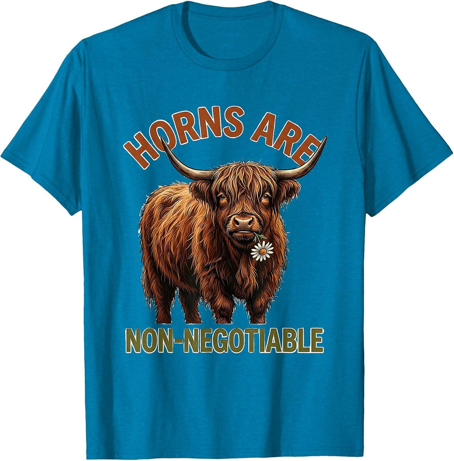 Horns Are Non-Negotiable Funny Highland Cow Cute Scottish T-Shirt - Sapphire Blue