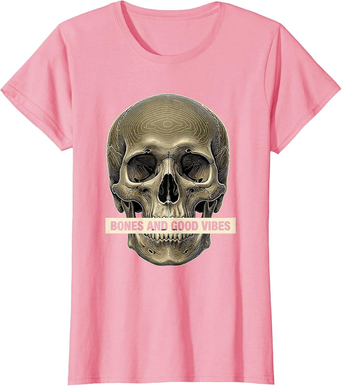 Women's Bones and Good Vibes Laid-Back Graphic Design T-Shirt - Pink