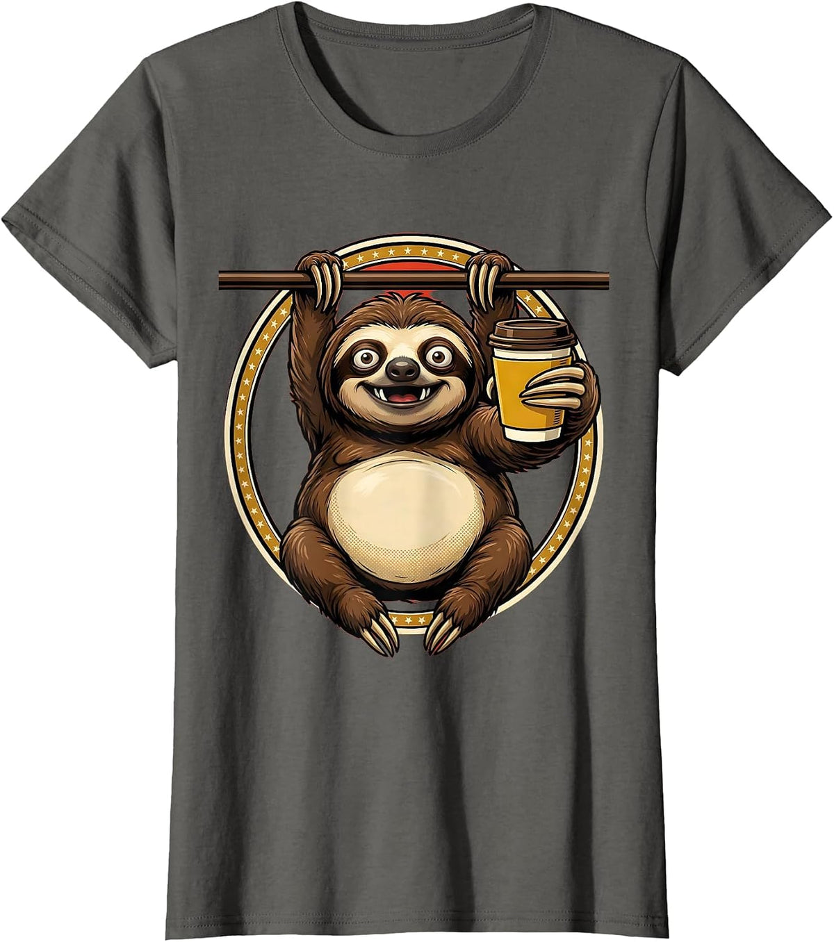 Women's Funny Sloth Hanging With Coffee Graphic T-Shirt - Asphalt Grey
