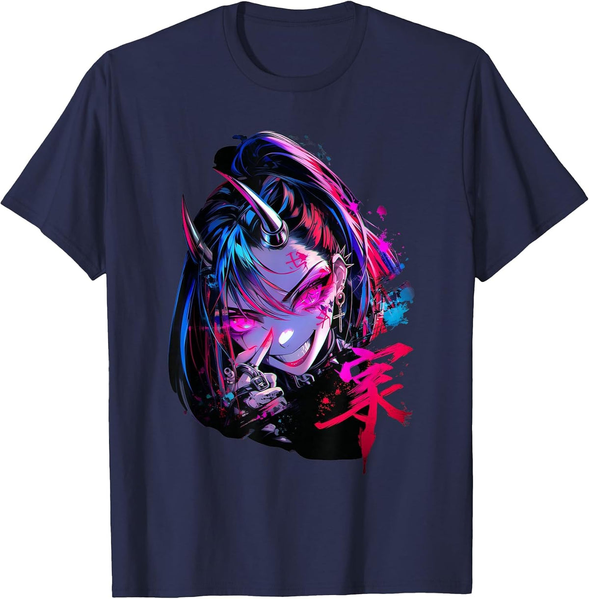 Goth Grunge Demon Anime Girl Waifu Horror Old Aesthetic T-Shirt - Navy Blue