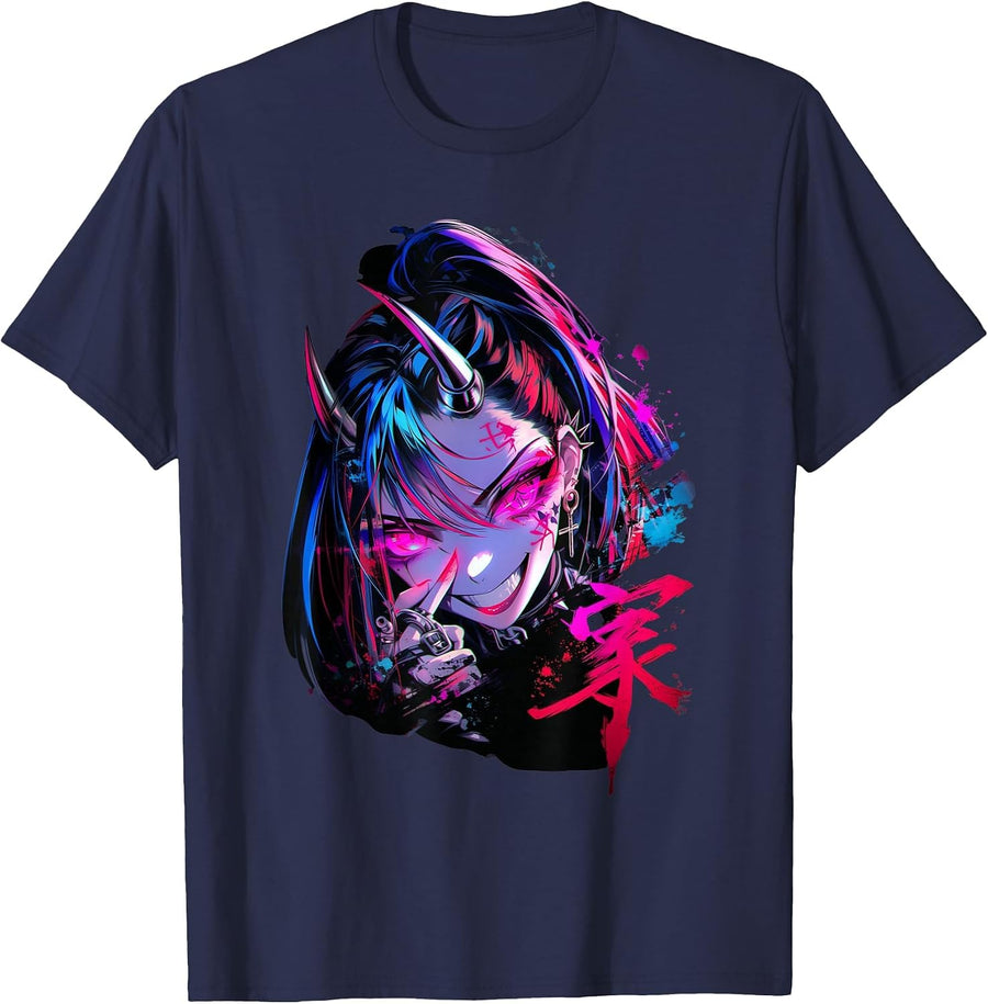 Goth Grunge Demon Anime Girl Waifu Horror Old Aesthetic T-Shirt - Navy Blue
