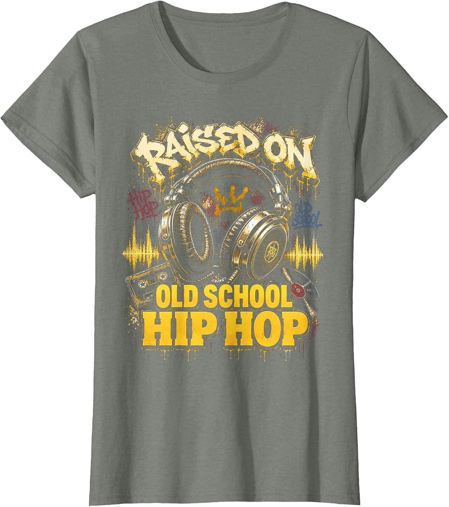 Raised On Old School Hip Hop Cassette Graffiti Rap T-Shirt, Women, Olive Heather, Large - As Pictured