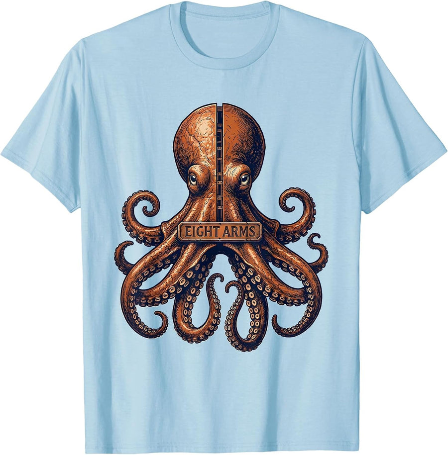 Men's Eight Arms Exploded View Technical Octopus Lover Ocean T-Shirt - Baby Blue