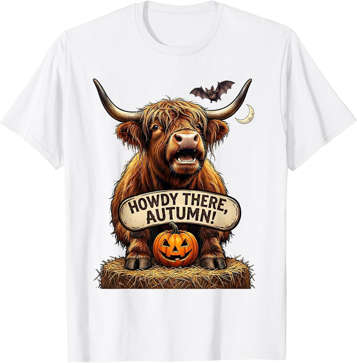 Men's Howdy There Autumn Cartoon Highland Cow Funny Fall Halloween T-Shirt - White