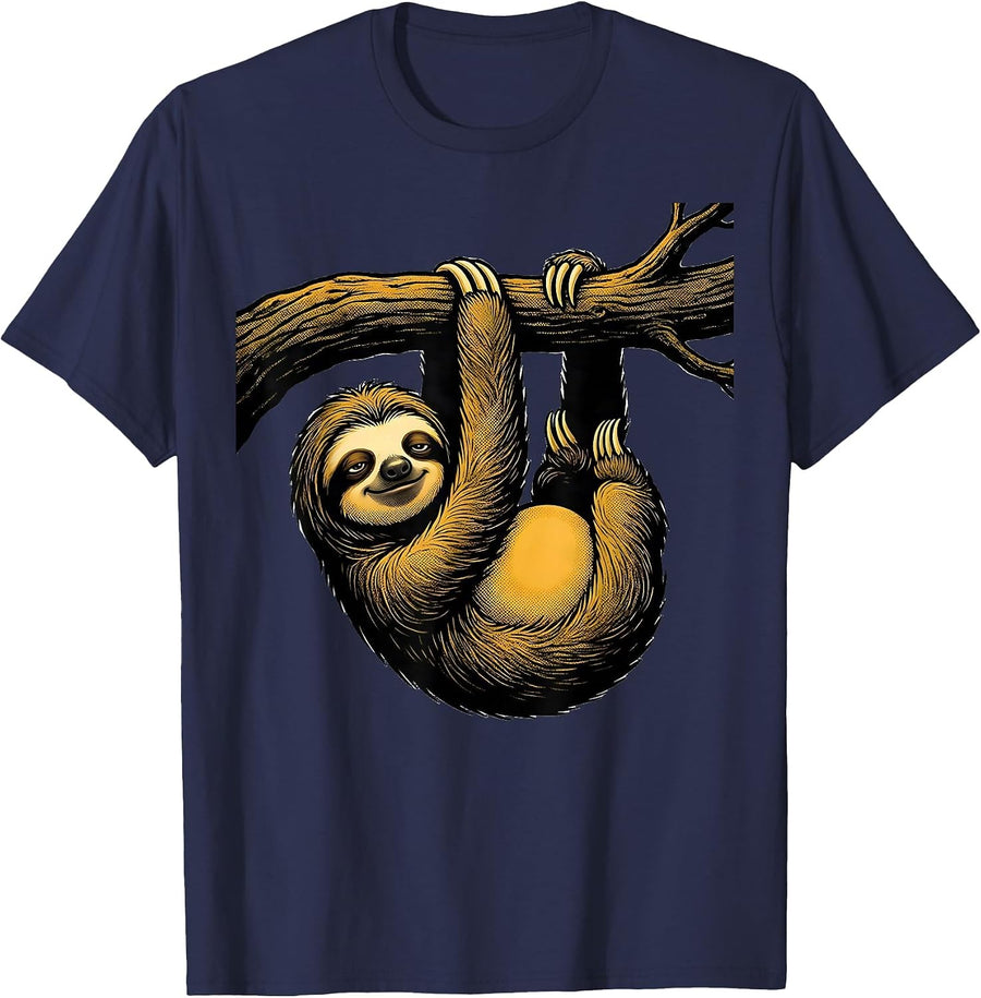 Lazy Sloth Hanging From Branch Graphic T-Shirt - Navy Blue