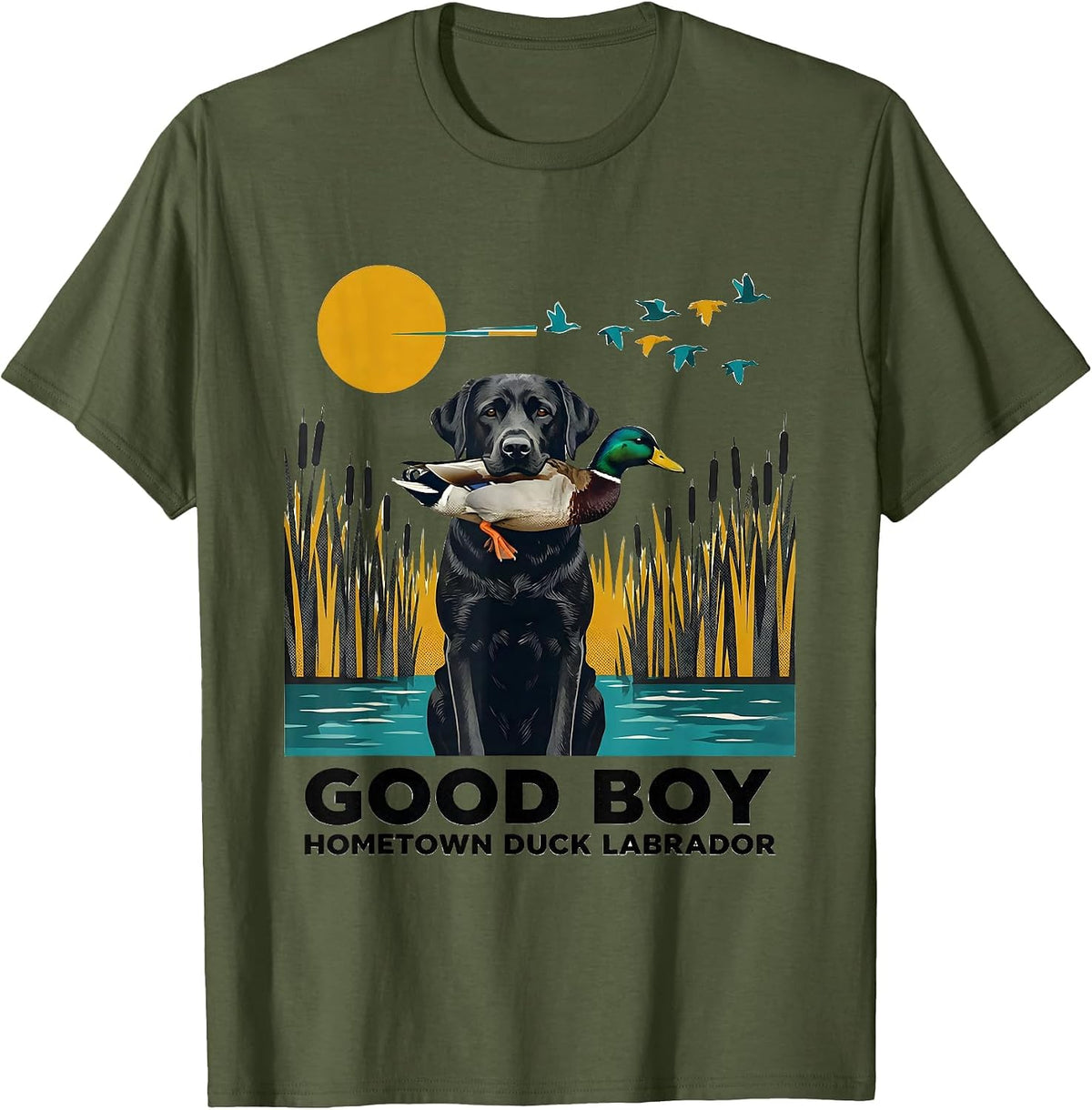 Good Boy Hometown Duck Labrador Vintage Hunting Dog T-Shirt - Olive Green