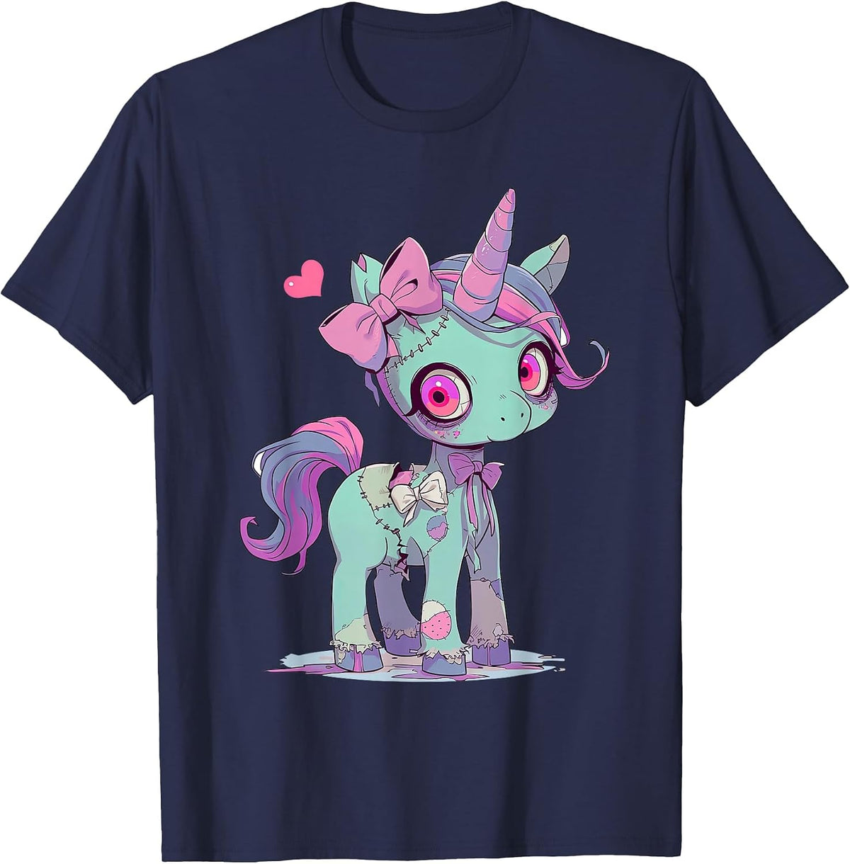Kawaii Pastel Goth Creepy Cute Witchy Zombie Unicorn Tees T-Shirt - Navy Blue