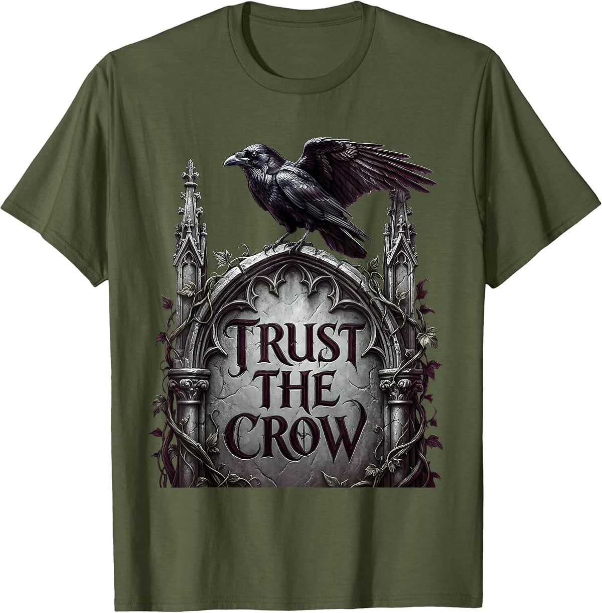 Trust the Crow Mystical Bird Graphic Design T-Shirt - Olive Green