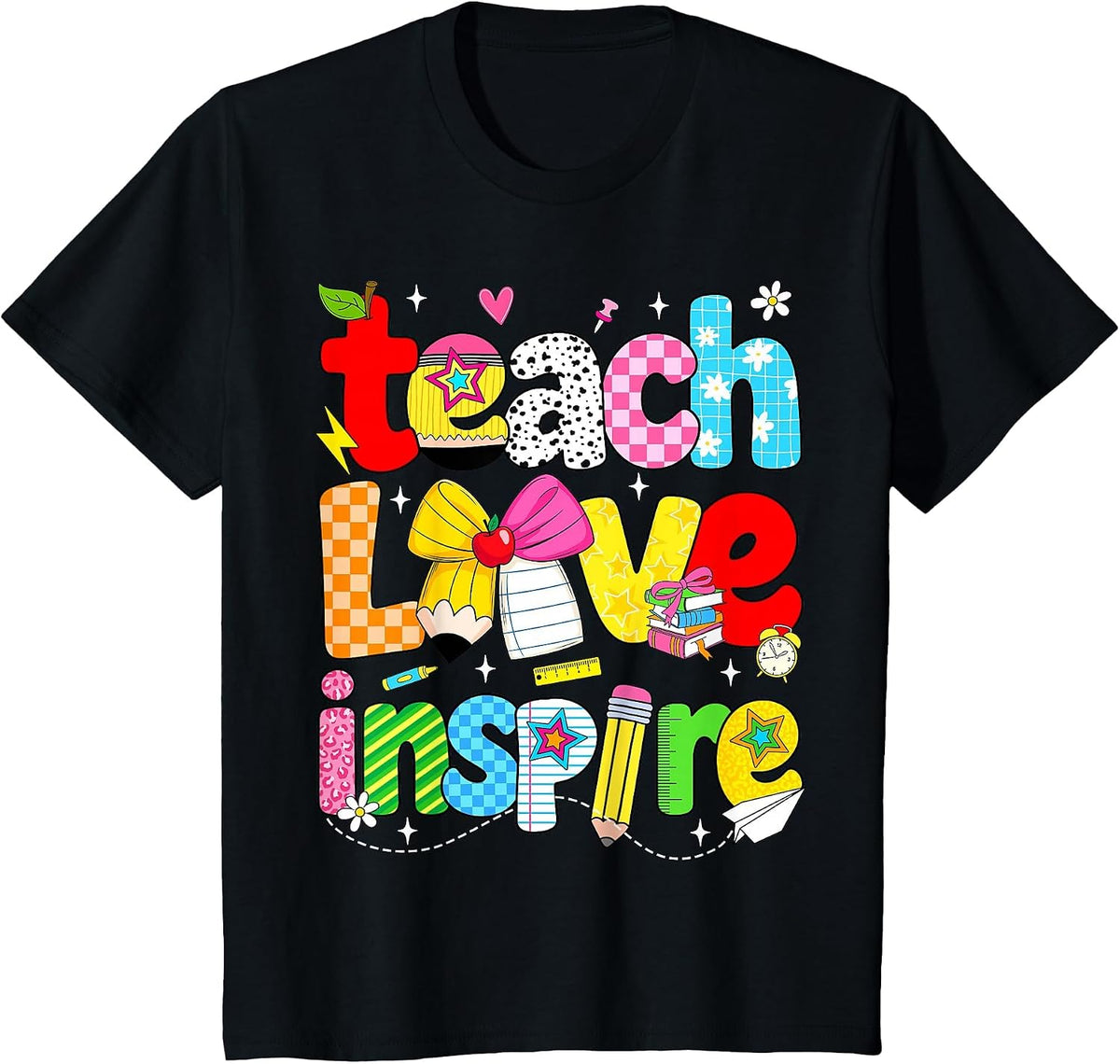 Teach Love Inspire Trendy Teacher Back to School First Day T-Shirt - Black