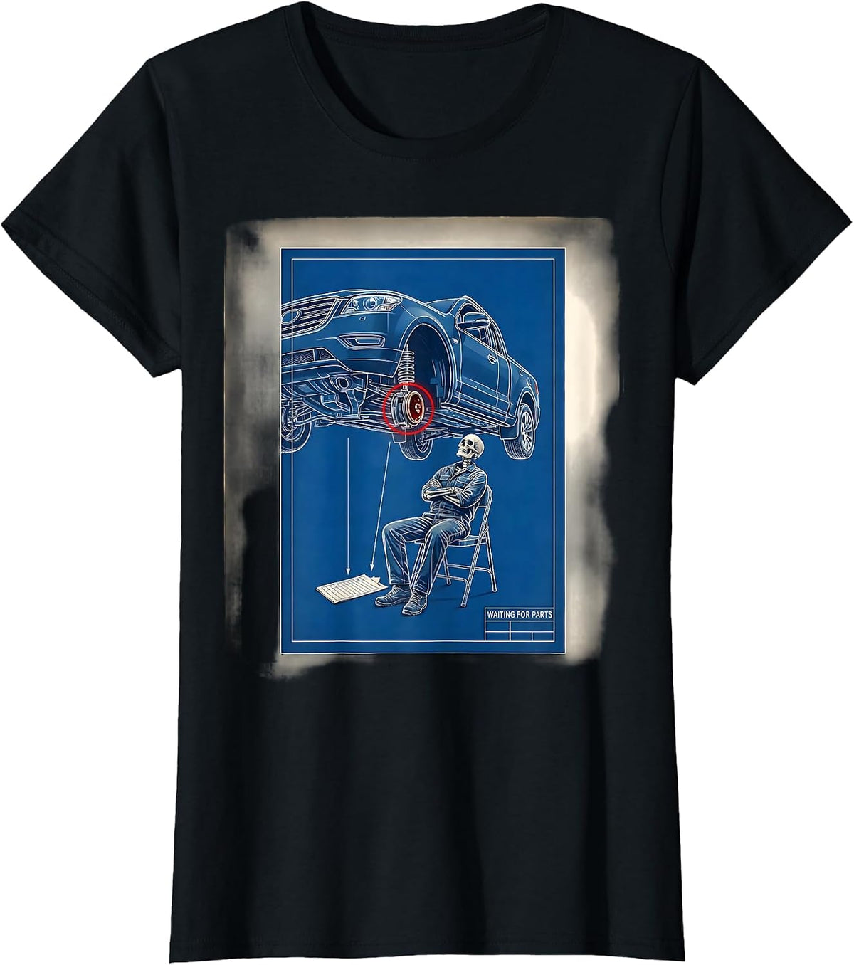 WAITING FOR PARTS Funny Mechanic Skeleton Auto Repair T-Shirt - Black