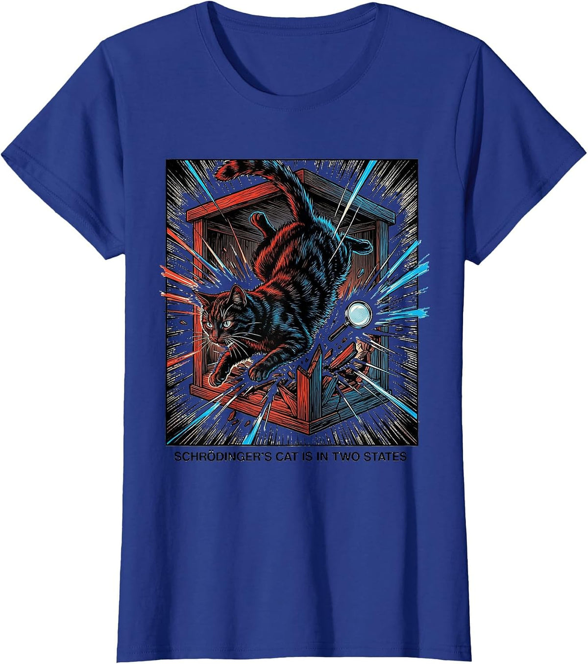 Women's Schrödinger's Cat Is In Two States Comic Book Physics Humor T-Shirt - Royal Blue