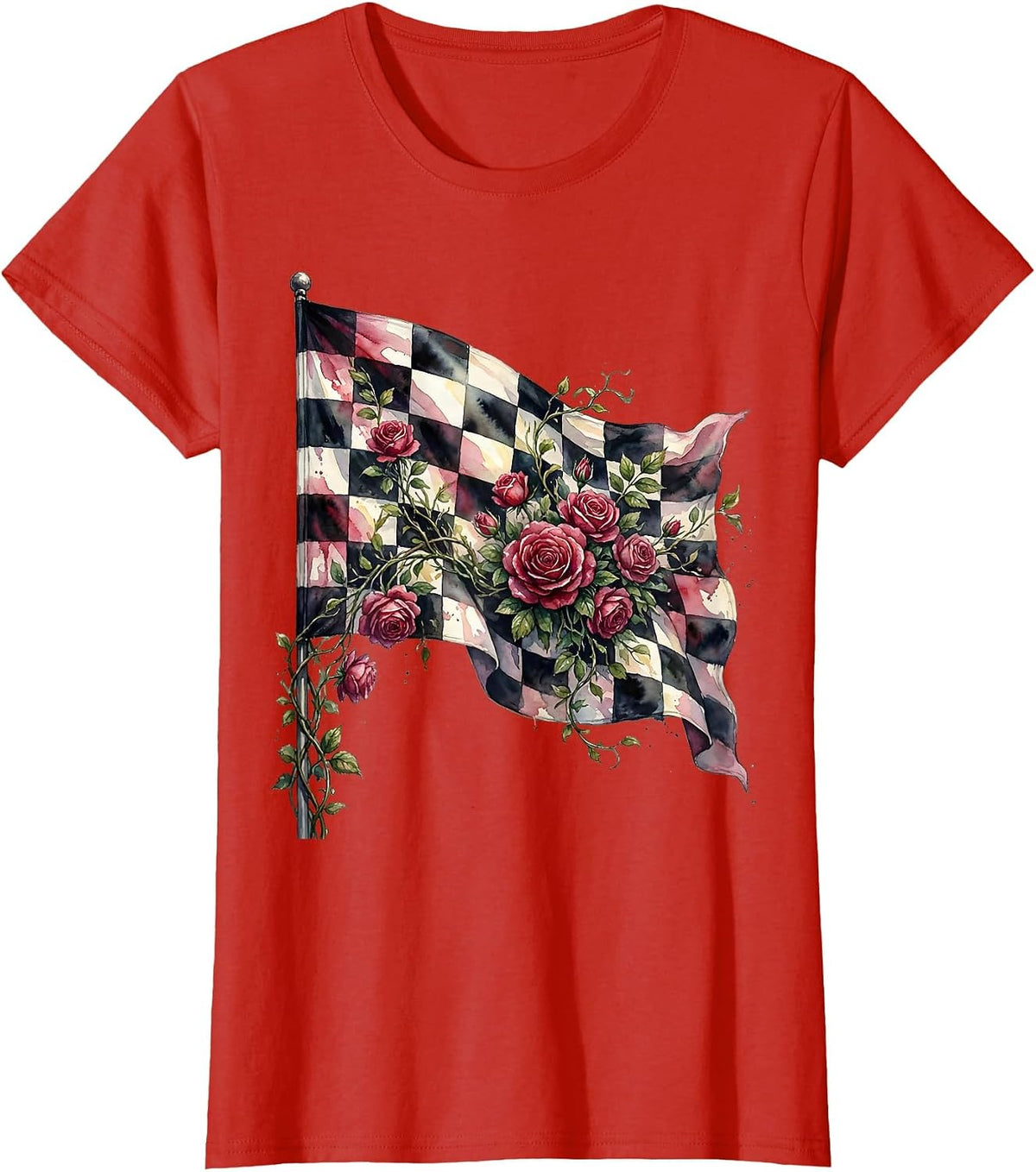 Derby Floral Checkered Flag Climbing Roses Design T-Shirt - Red
