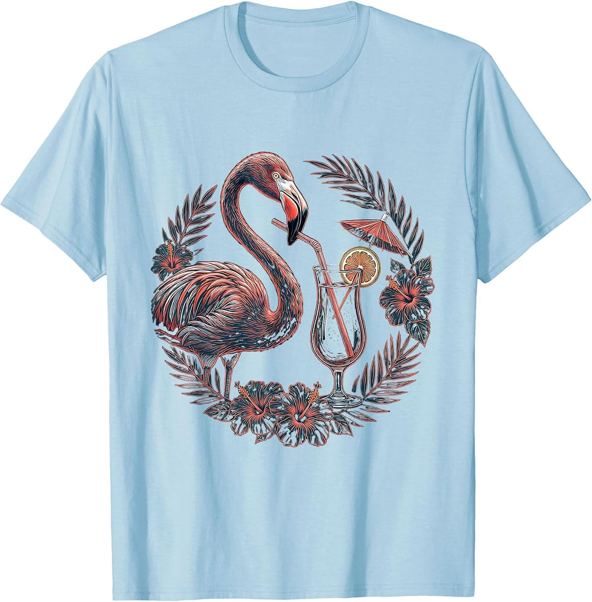 Men's Flamingo Sipping Cocktail Tropical Art T-Shirt - Baby Blue