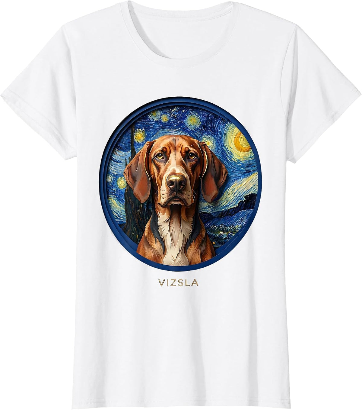 Women's Vizsla Paper Cutout Van Gogh Starry Night Dog Portrait T-Shirt - White
