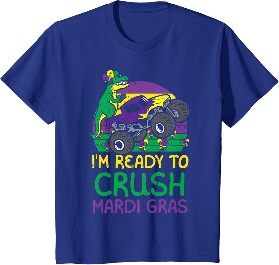 Kids Crush Mardi Gras Dino Monster Truck Funny Toddler Boys Kids T-Shirt - Royal Blue