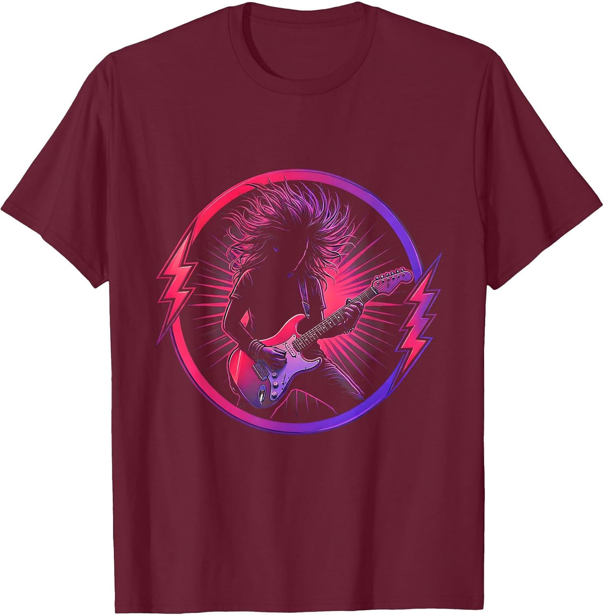 Men's 80s Hairband Rocker Guitar Solo Stage Illustration T-Shirt - Burgundy