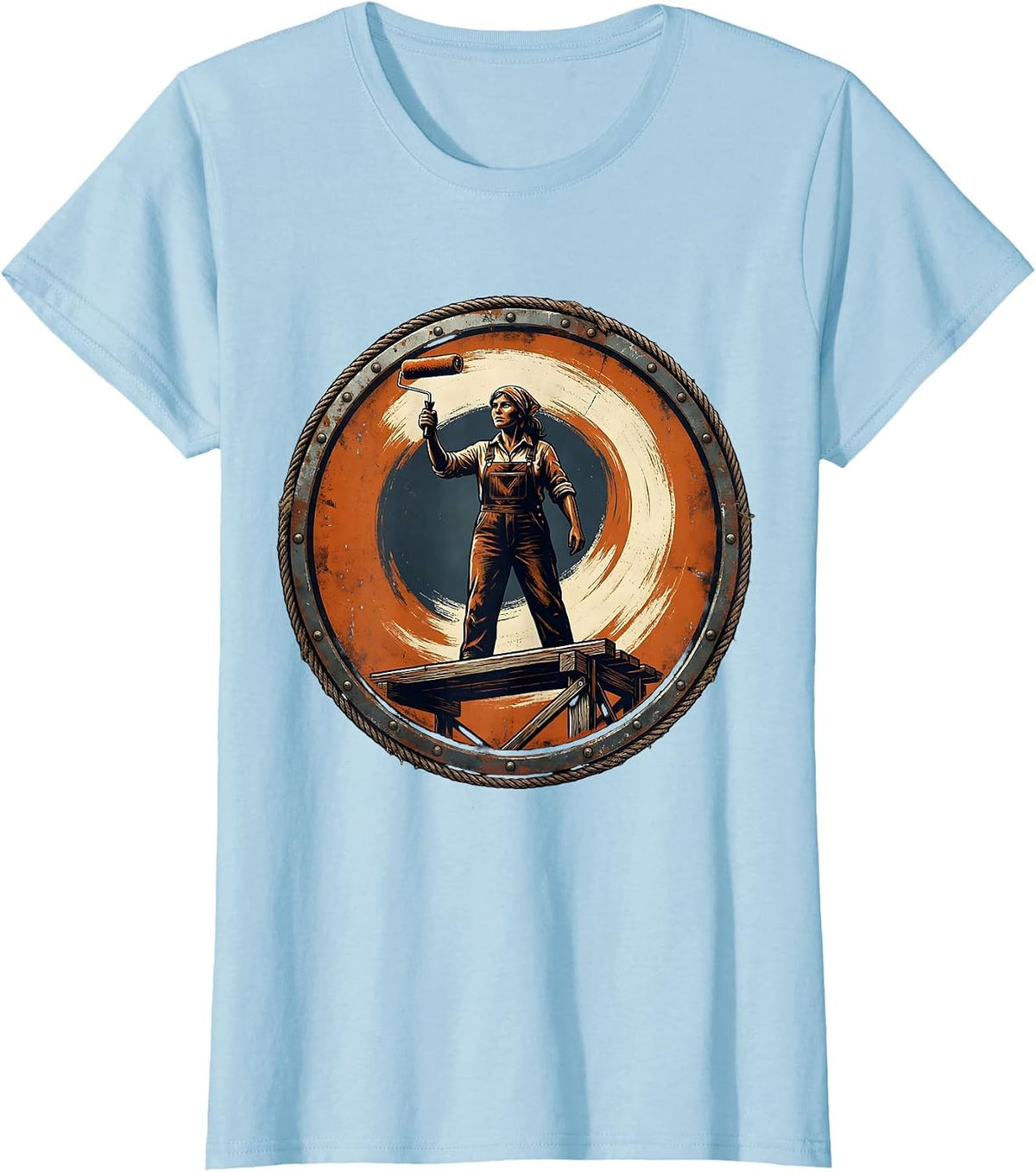 Labor Day Painter on Scaffold Wall Illustration T-Shirt - Baby Blue