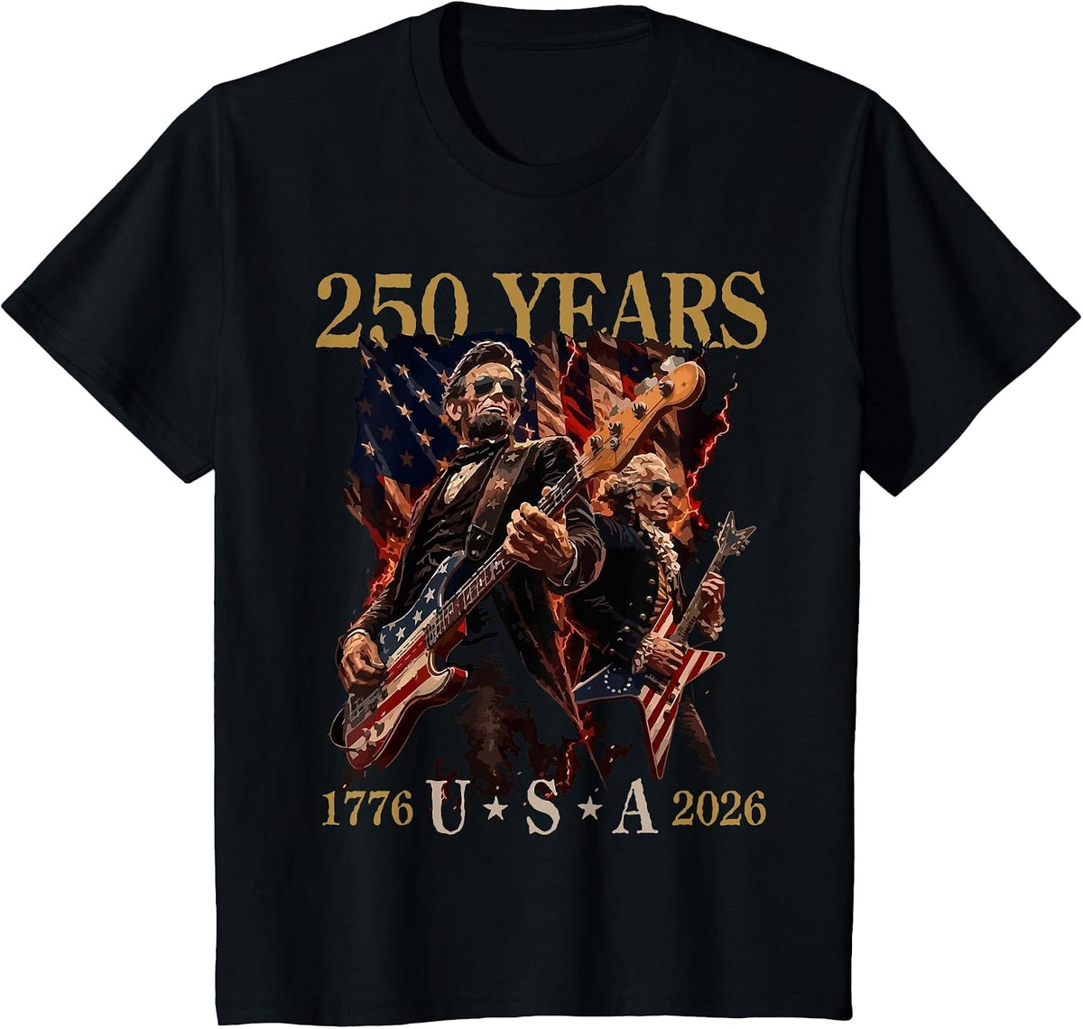 Presidents Abe Lincoln and George Washington Playing Guitar T-Shirt - Black