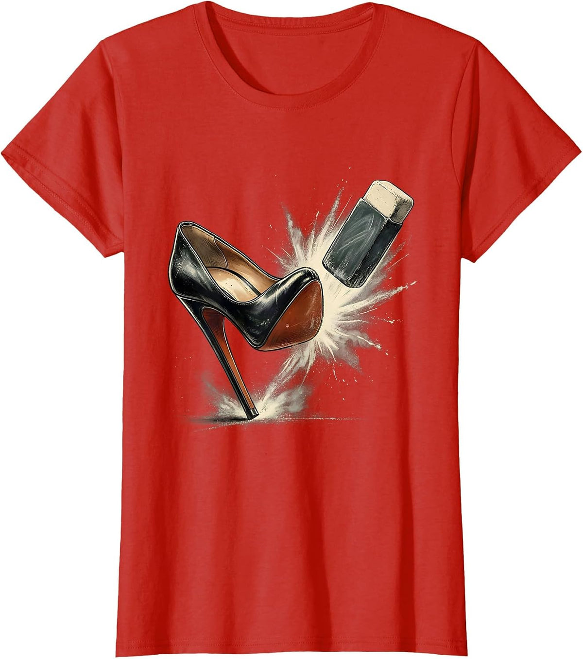 Women's Friyay Teacher High Heel Kicks Chalkboard Eraser T-Shirt - Red