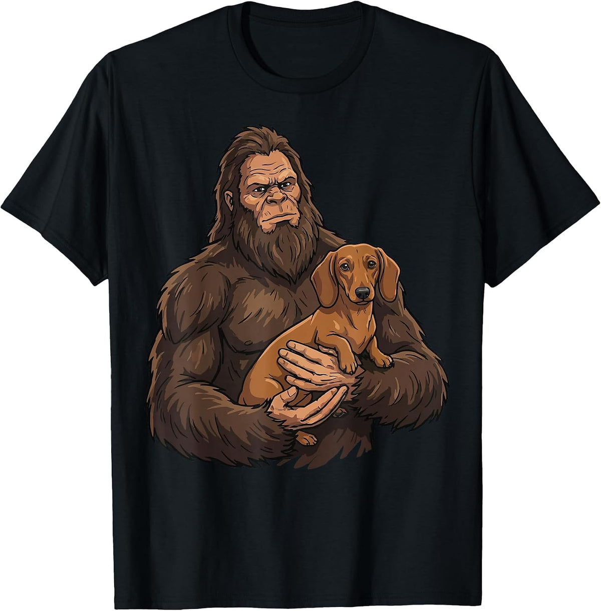 Bigfoot Holding Dachshund T-Shirt - Black