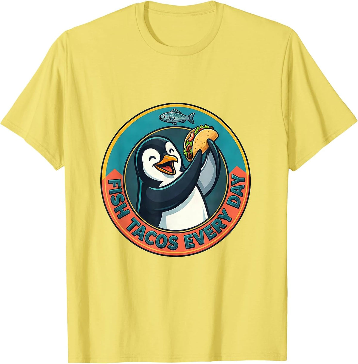 Men's Penguin Fish Tacos Every Day Foodie Design T-Shirt - Lemon Yellow