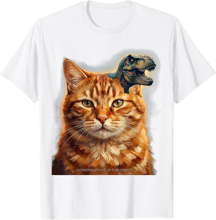 Authorship Not Up For Debate Funny Cat Selfie With T-Rex T-Shirt - White