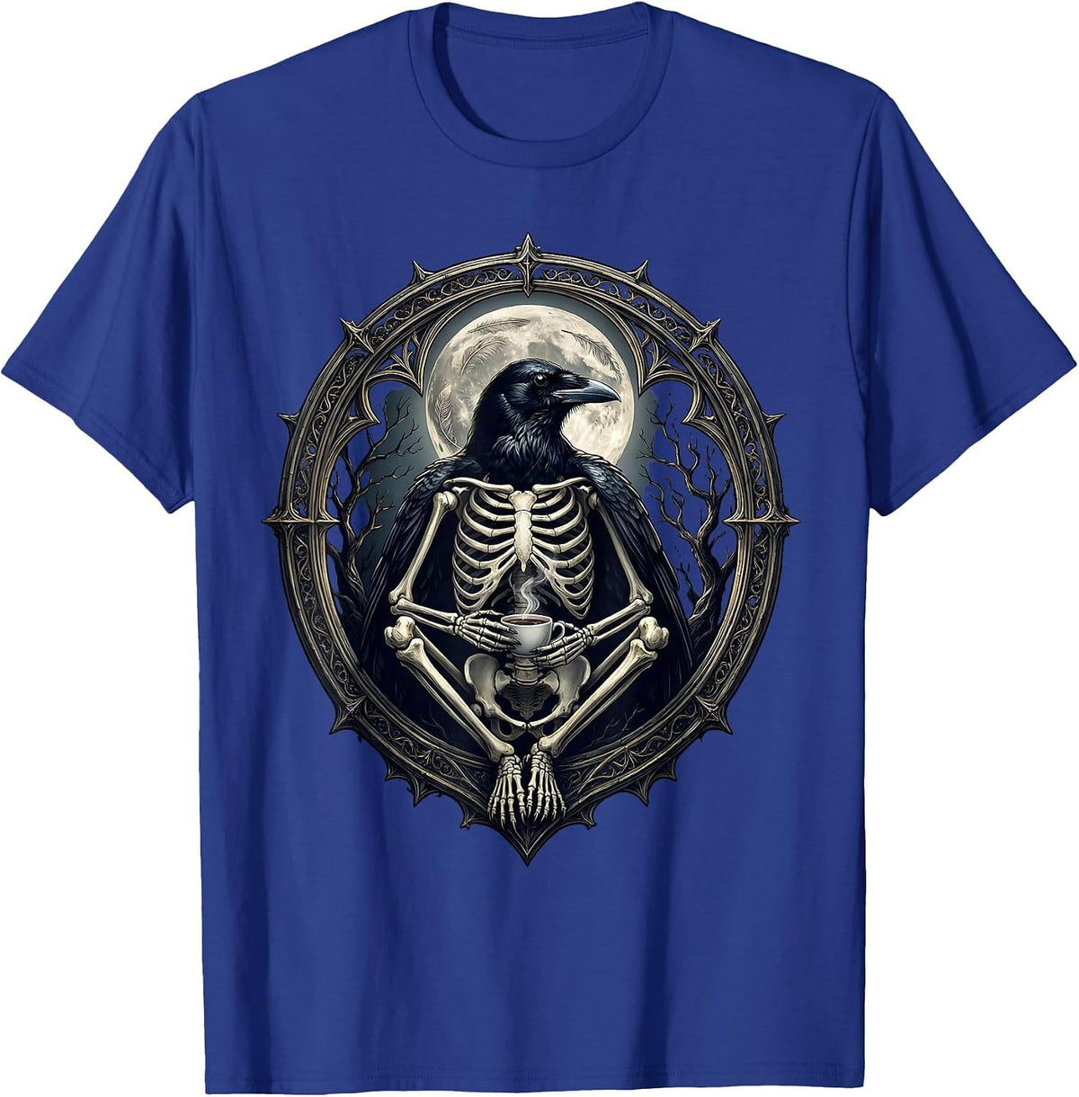 Crow Skeleton Sipping Coffee in Moonlight T-Shirt - Royal Blue