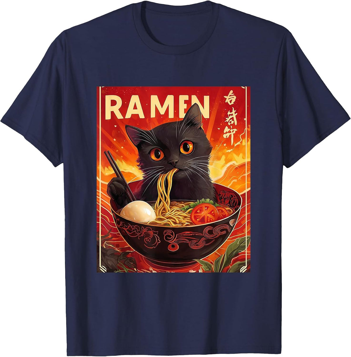 Cat eats Ramen Japan Japanese Anime Kawaii Funny Graphic T-Shirt - Navy Blue