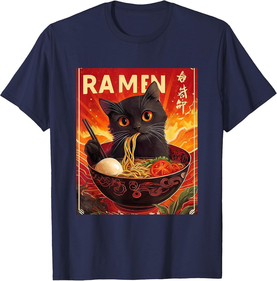 Cat eats Ramen Japan Japanese Anime Kawaii Funny Graphic T-Shirt - Navy Blue