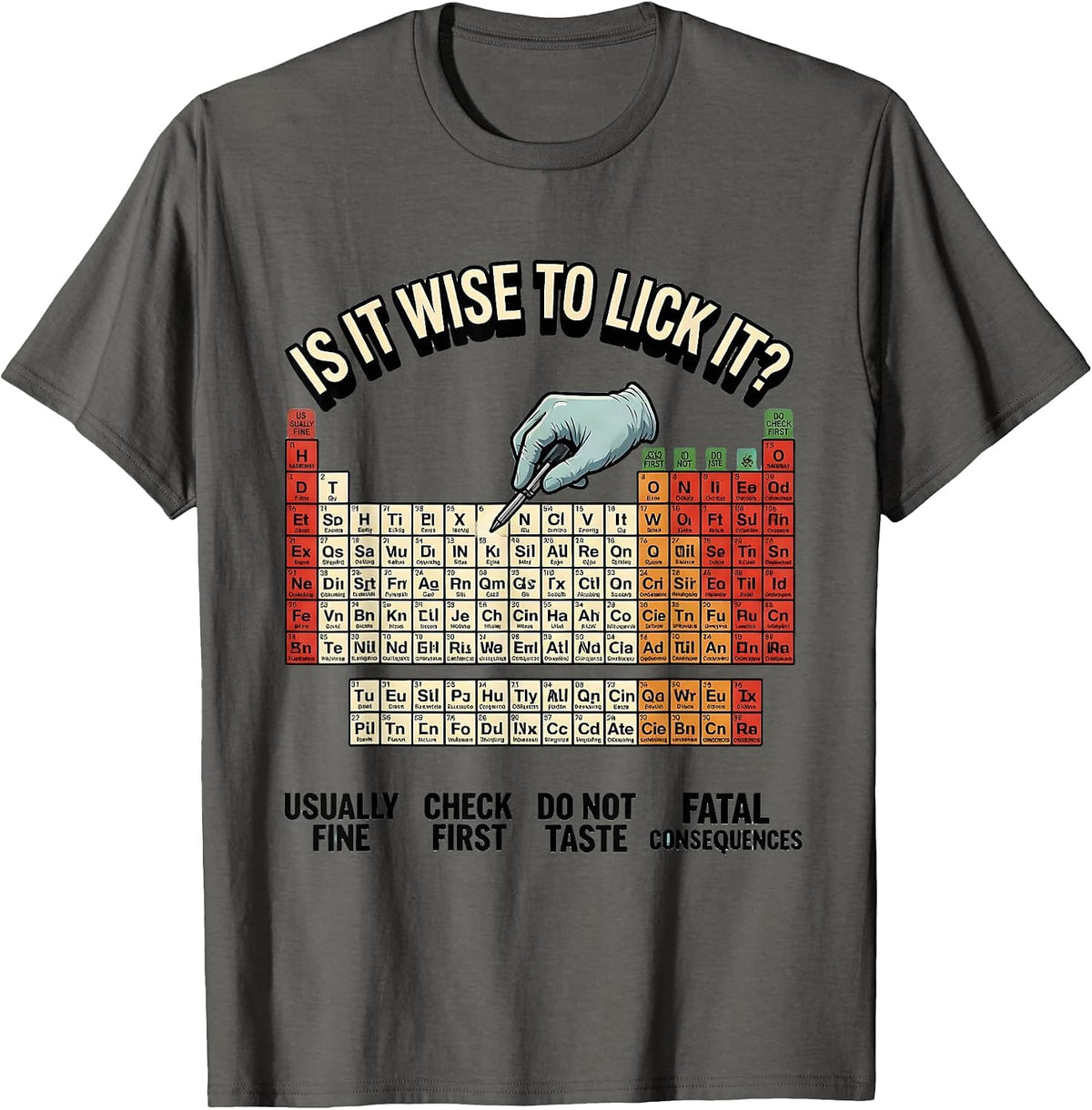 Is It Wise To Lick It Funny Periodic Table Science Teacher T-Shirt - Asphalt Grey