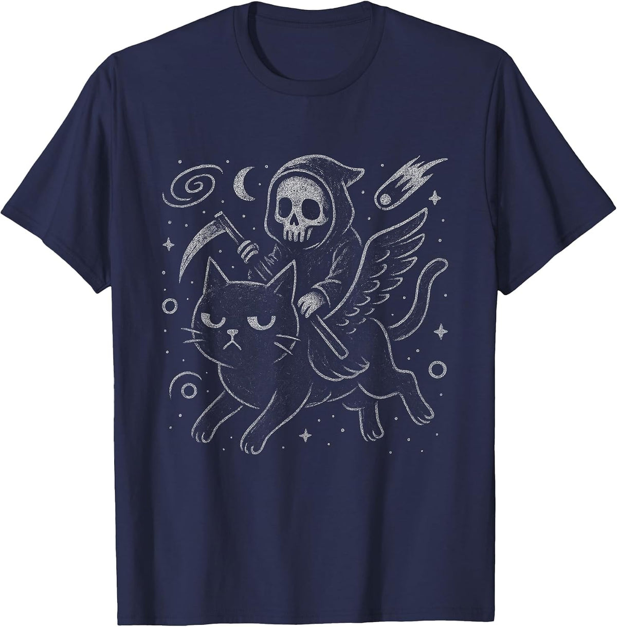 Grim Reaper Cat Space Kitty Funny Goth Grunge Alt Aesthetic T-Shirt - Navy Blue