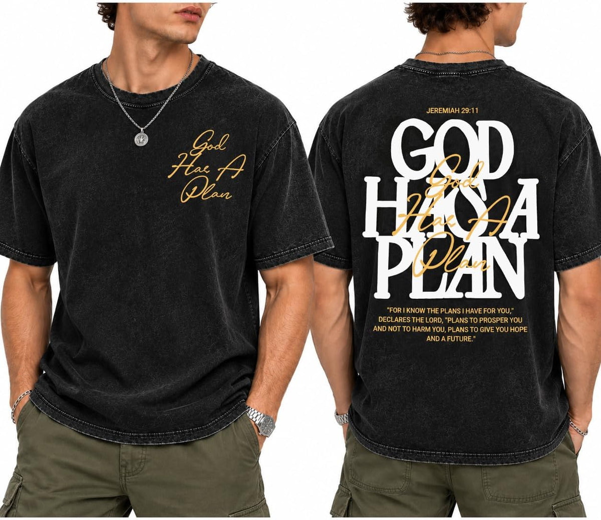 Men's Oversized Christian Graphic T Shirt Vintage God Has A Plan Faith Tee - Black