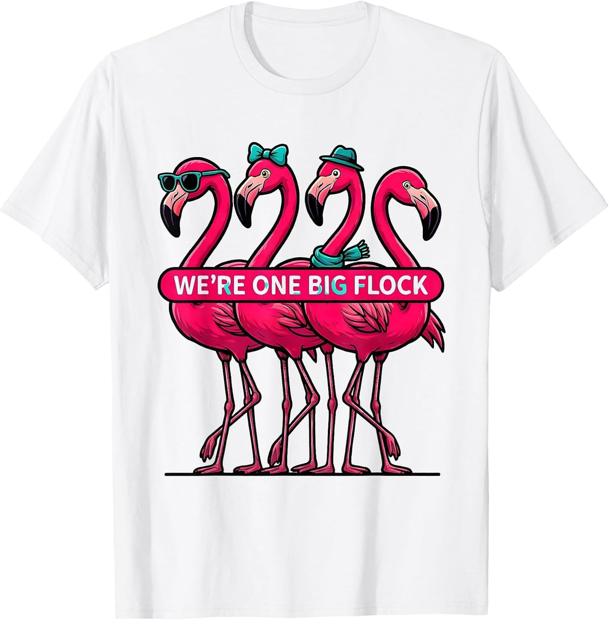 Men's We're One Big Flock Cartoon Flamingo Novelty Bird Lover Gift T-Shirt - White
