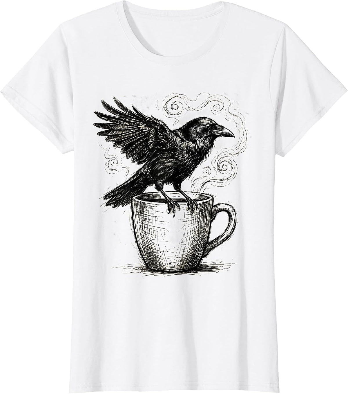 Crow Perched on Steaming Coffee Mug Illustration T-Shirt - White