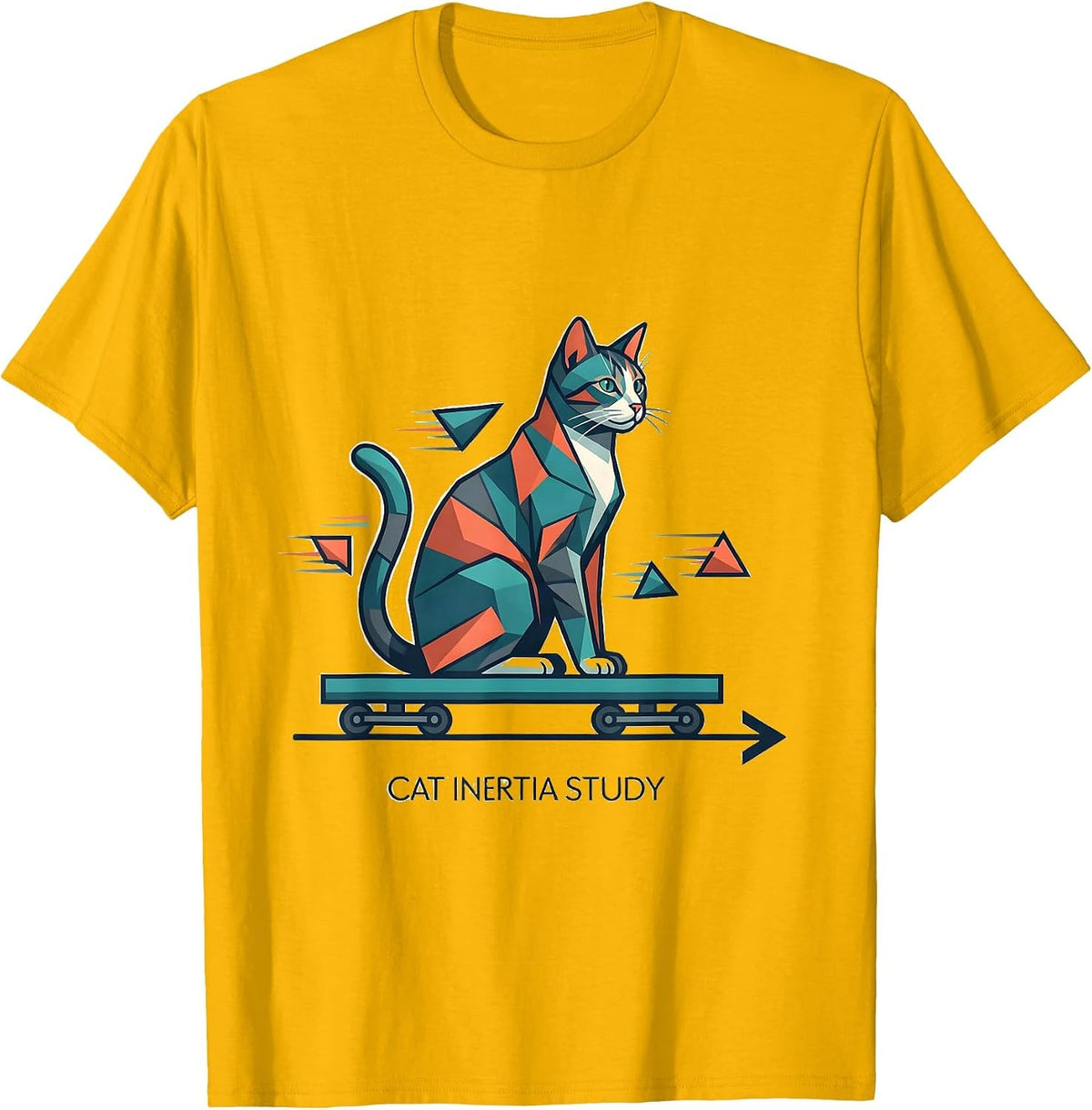 Cat Inertia Study Funny Science Cat Teacher Math Humor T-Shirt - Golden Yellow